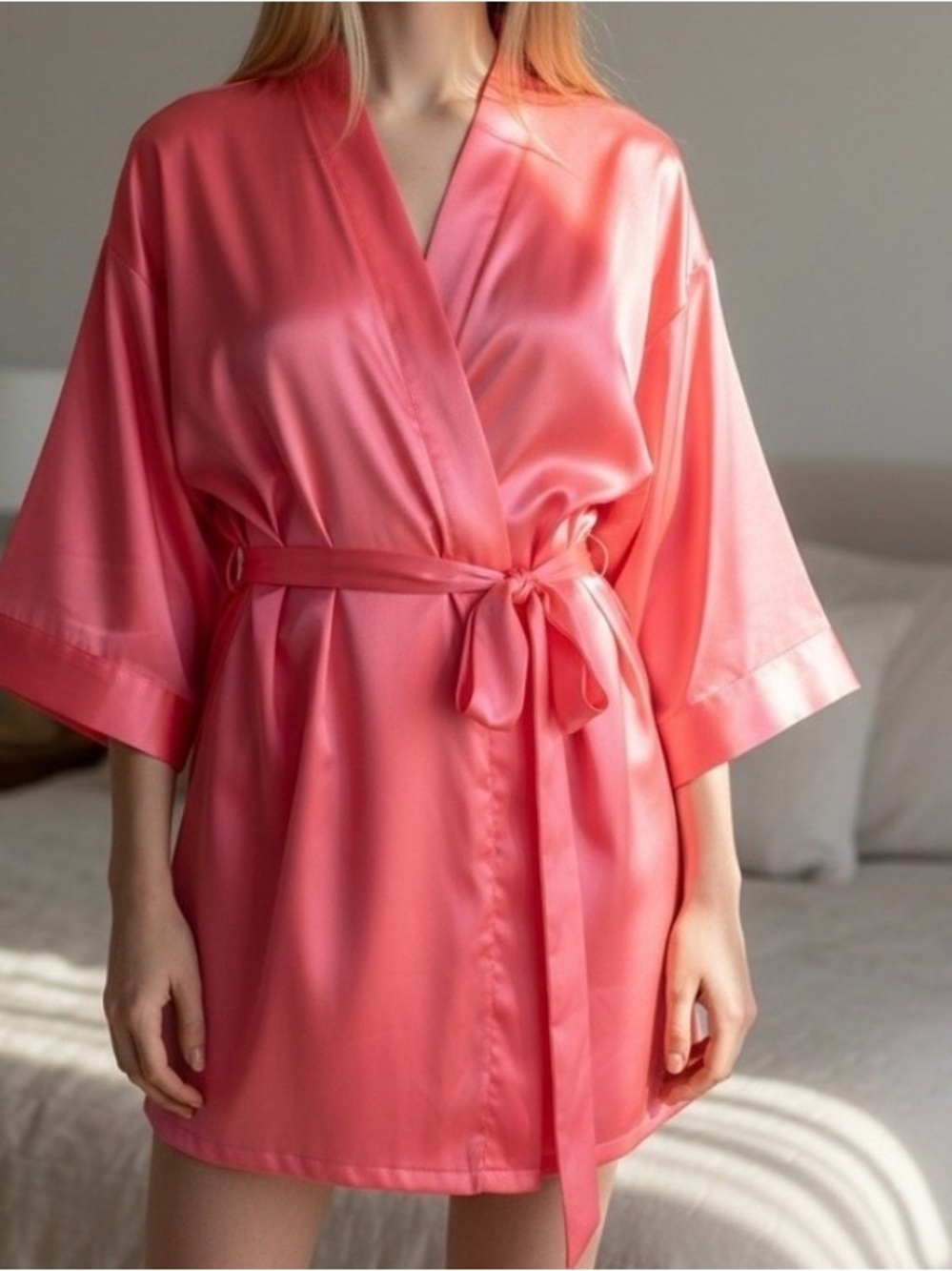 Victoria's Secret Coral Satin Short Robe with Waist Tie